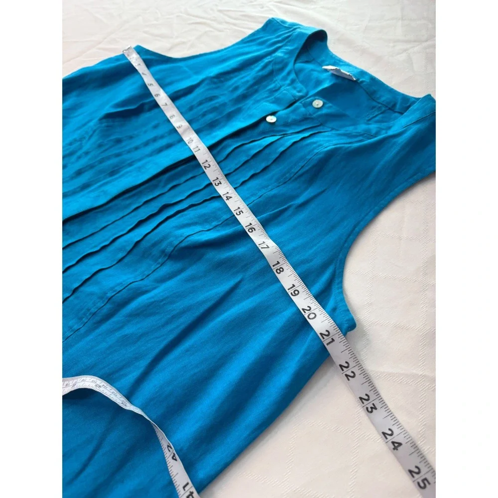 J. Jill Love Linen Teal Blue Pleated Shift Dress 100% Linen Pockets Sleeveless L - Picture 7 of 8